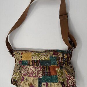 Vintage Y2K Fossil Floral Slouchy Bag Crossbody Hippie Purse Patchwork Tassel